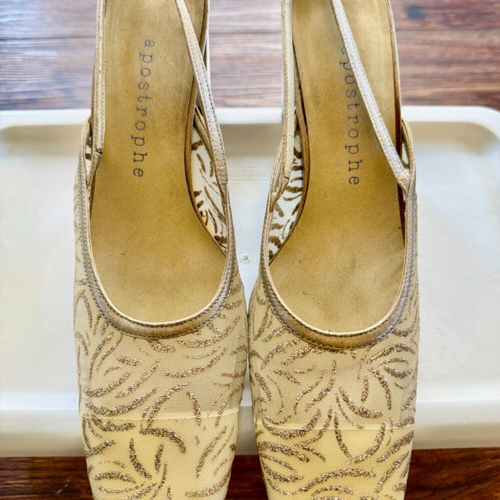 Apostrophe Gold Slingback Heels Glitter Embroidery Square Toe 7